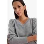 DeFacto Relax Fit V Yaka Triko Kazak, XL, C4024AX25WN, Gri-GR456, Kadın