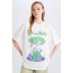DeFacto Rick and Morty Oversize Geniş Kalıp Bisiklet Yaka Baskılı Kısa Kollu Tişört D9116AX25SM - Beyaz-WT32 - Dropsuz - XS