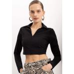 DeFacto Siyah Fitted Vücuda Oturan Gömlek Yaka Fermuarlı Bengalin Crop Basic Bluz C5037AX24AU - XS - Siyah-BK27