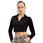 DeFacto Siyah Fitted Vücuda Oturan Gömlek Yaka Fermuarlı Bengalin Crop Bluz, L, C5037AX24AU, Siyah-BK27, Kadın