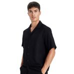 DeFacto Siyah Relax Fit Polo Yaka Krinkıl Kısa Kollu Gömlek, S, C4127AX24AU, Siyah-BK27, Erkek