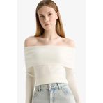DeFacto Slim Fit Açık Omuz Triko Kazak, L, B6537AX25WN, Ekru-ER105, Kadın