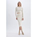 DeFacto Slim Fit Basıc Yırtmaçlı Triko Midi Etek, S, A2058AX24AU, Bej-BG303, Kadın