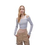 DeFacto Slim Fit Çizgili Açık Omuz Kazak, XL, B7573AX24SP, Lacivert-NV31, Kadın