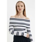 DeFacto Slim Fit Çizgili Açık Omuz Triko Kazak, XL, 3129400, Lacivert, Kadın