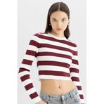 DeFacto Slim Fit Çizgili Triko Kazak, L, X6888AZ24WN, Bordo-BR330, Kadın