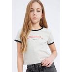 DeFacto Slim Fit Dar Kesim Bisiklet Yaka Baskılı Fitilli Kaşkorse Kısa Kollu Tişört Kız Çocuk, 7-8 Yaş, D8539A825SM, Gri-GR379, Kız çocuk