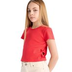 DeFacto Slim Fit Dar Kesim Bisiklet Yaka Fitilli Kaşkorse Kısa Kollu Tişört Kız Çocuk, 7-8 Yaş, TYC647F0A9333CFD13CE4C406, Kırmızı, Kız çocuk
