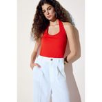 DeFacto Slim Fit Dar Kesim Crop Halter Yaka Kırmızı Bluz, 2XL, F6279AX25SM, Kırmızı-RD51, Kadın