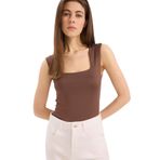 DeFacto Slim Fit Dar Kesim Kare Yaka Basic Düz Çıtçıtlı Body Kahve L