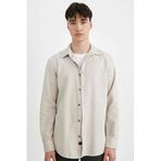 DeFacto Slim Fit Dar Kesim Pamuklu Basic Düz Uzun Kollu Gömlek, M, A4644AX24AU, Bej-BG721, Erkek