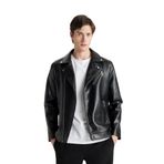 DeFacto Slim Fit Dar Kesim Polo Yaka Astarlı Fermuarlı Suni Deri Mont Siyah M