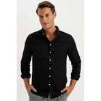 DeFacto Slim Fit Dar Kesim Polo Yaka Dokulu Uzun Kollu Gömlek, S, T2066AZ24AU, Siyah-BK81, Erkek