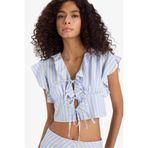 DeFacto Slim Fit Dar Kesim V Yaka Çizgili Önden Bağlamalı Poplin Kolsuz Bluz, XL, F6058AX25SMBE40-218052, Mavi, Kadın