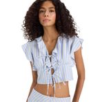 DeFacto Slim Fit Dar Kesim V Yaka Çizgili Önden Bağlamalı Poplin Kolsuz Bluz, XS, F6058AX25SMBE40-218052, Mavi, Kadın