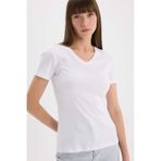 DeFacto Slim Fit Dar Kesim V Yaka Ribana Basic Düz Kısa Kollu Beyaz Tişört I1080AZ25SPWT34