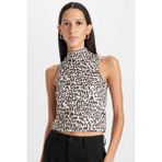 DeFacto Slim Fit Dar Kesim Yarım Balıkçı Yaka Leopar Desenli Kolsuz Bluz D5542AX24AU - Kahve - XL