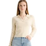DeFacto Slim Fit Polo Yaka Triko Kazak, L, X4929AZ25WN, Ekru-ER105, Kadın