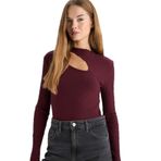 DeFacto Slim Fit Yarım Balıkçı Yaka Fitilli Kaşkorse Tişört, L, TYCACB1DAB87585D10, Bordo, Kadın