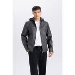 DeFacto Su İtici Slim Fit Dar Kesim Çıkarılabilir Kapüşonlu Fermuarlı Cepli Suni Deri Ceket Mont R2523AZ25SP - Antrasit-AR110