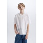 DeFacto V Yaka Basic Düz Kısa Kollu Tişört Erkek Çocuk, 8/9 Yaş (134cm), K1693A625SM, Beyaz, Erkek Çocuk
