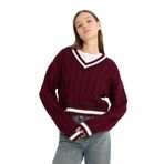 DeFacto V Yaka Saç Örgülü Triko Kazak, XL, C7321AX25WN, Bordo-BR456, Kadın