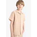 Defacto W3239 Bej Erkek Çocuk Oversize Geniş Kalıp Polo Yaka Müslin Kısa Kollu Gömlek