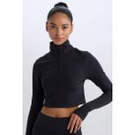 DeFacto Warmtech Slim Fit Dar Kesim Fermuarlı Dik Yaka İçi Yumuşak Tüylü Esnek Kumaş Uzun Kollu Tişört W0343AZ25SP - Siyah-BK81