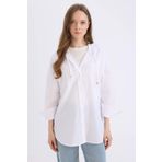 DeFacto Yeni Sezon Relax Fit Kapüşonlu Basic Düz Poplin Uzun Kollu Beyaz Gömlek Tunik