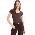 DeFacto Yuvarlak Yaka Fitilli Kaşkorse Kısa Kollu Çıtçıtlı Body Kahverengi, XL, F1755AX25SM, Kahve-BN267, Kadın