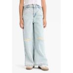 Defacto Z4708 Mavi Kız Çocuk Wide Leg Yırtık Detaylı Geniş Paça Jean Pantolon