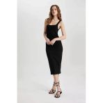 Defacto Z7577 Siyah Bodycon Vücuda Oturan Basic Düz Kare Yaka Fitilli Kaşkorse Kolsuz Midi Elbise