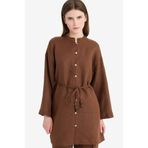 DeFacto%100 Keten Regular Fit Bağcıklı Uzun Kollu Tesettür Gömlek Tunik, Kahve, L/xl