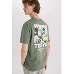 DeFacto%100 Pamuk Art Hokusai Regular Fit Bisiklet Yaka Sırt Baskılı Kısa Kollu Tişört, S, D6914AX25SP, Haki-KH430, Erkek