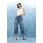 DeFacto%100 Pamuk Baggy Fit Yüksek Bel Katlamalı Paça Jean Pantolon, 32, E9134AX25AU, Mavi-NM34, Kadın