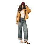 DeFacto%100 Pamuk Baggy Fit Yüksek Bel Katlamalı Paça Jean Pantolon, 42, E9134AX25AU, Mavi-NM34, Kadın