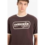DeFacto%100 Pamuk Boxy Fit Bisiklet Yaka Baskılı Kısa Kollu Tişört, S, F4446AX25SM, Kahve-BN116, Erkek