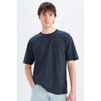 DeFacto%100 Pamuk Oversize Geniş Kalıp Bisiklet Yaka Basic Düz Kısa Kollu Tişört, S, E6885AXNS, Lacivert-NV163, Erkek