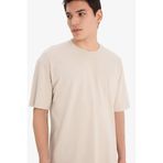 DeFacto%100 Pamuk Oversize Geniş Kalıp Bisiklet Yaka Basic Düz Kısa Kollu Tişört, XS, E6885AXNS, Bej-BG106, Erkek