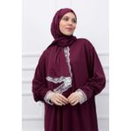 Defka Kendinden Başörtülü Şık Dantelli Kadın Tesettür Namaz Elbisesi - Mor - 2XL - 3XL