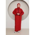 Defka Yarım Fermuarlı Kendinden Türbanlı Şallı Kadın Namaz Elbisesi - 240-Kırmızı - 2XL