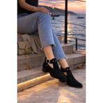 Defne Shoes Vera Kadın Süet Ayakkabı Tokalı Bilekten Bantlı Arkadan Fermuarlı Günlük Rahat Kısa Topuklu Bot - Siyah