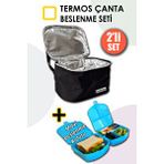 Deftion Premium Termoslu Beslenme Çantası Termal Termos Çanta ve 4 Bölmeli Yemek Kutusu Mavi