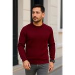 Defy Moda Erkek Bisiklet Yuvarlak Yaka Triko Kazak Pamuklu Kalın Fitilli Dokuma, Regular Fit Uzun Kollu Kışlık Model - Bordo - XL