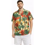 Defy Moda Erkek Hawaii Tarz Tropikal Palmiye Desenli Kısa Kol Gömlek Rahat Kalıp Yazlık - Desenli