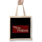 Dekado Yılbaşı Yeni Yıl Konseptli Merry Christmas Banner On Buffalo Plaid Bez Çanta Uzun Saplı - 07028-Renkli