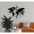 Dekadron Pusula Dünya Haritası Metal Duvar Dekoru - 98x75cm - Siyah