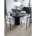 Dekoport Eylül Masa Sandalye Takımı Yuvarlak Masa 4 Sandalye Bukle - Teddy Kumaş Mutfak Masası Yemek Masası - Siyah - Beyaz - 90 x 90