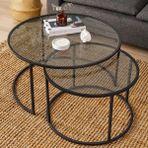 Dekopratik Tokyo Orta Sehpa 80 cm Yuvarlak Füme Kırılmaz Cam 2 li Sehpa Takımı - Siyah