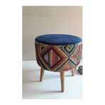Dekor Mobilyacım Retro Gürgen Ahşap Ayaklı Dekoratif Etnik Üst Lacivert Desenli Silindir Puf Bench
